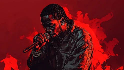 Rapper holds microphone on stage against red abstract backdrop