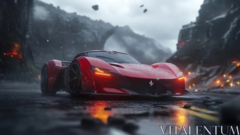 Storm-soaked red supercar glows with power on a wild mountain road