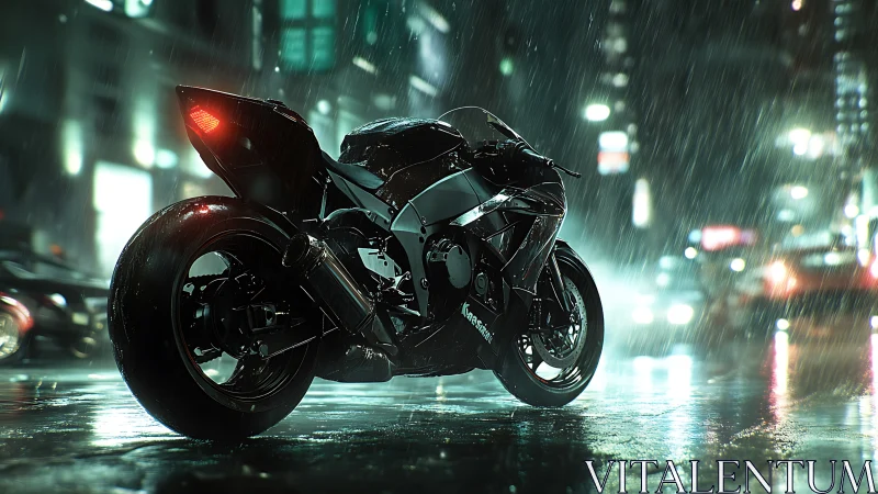 Sport motorcycle parked on wet neon city street at night.