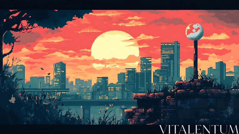 Pixel city skyline at sunset with overgrown foreground ruins.