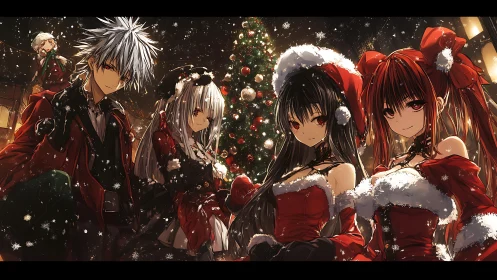 Festive anime friends gather under softly falling snow.