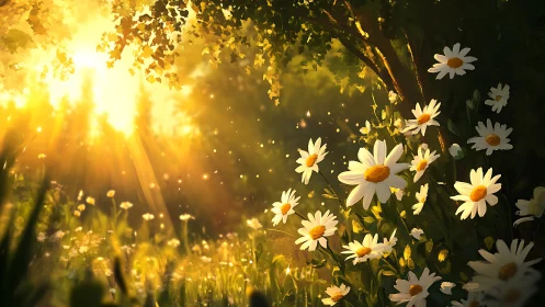 Sunlit meadow with white daisies under glowing trees.
