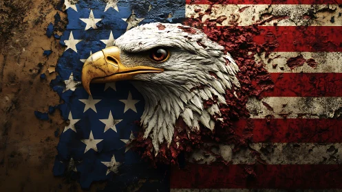 Weathered bald eagle relief over distressed US flag wall.