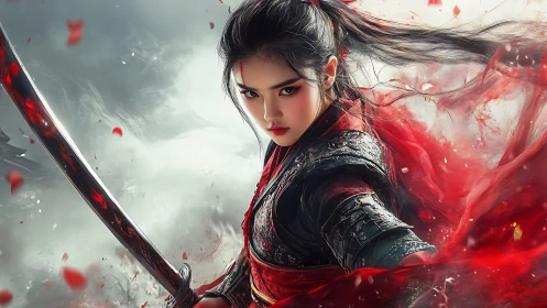 Female warrior with sword in red armor amid swirling petals.