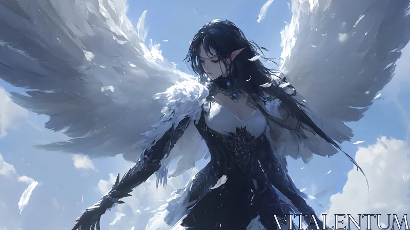 Winged dark elf in ornate armor amid drifting feathers.