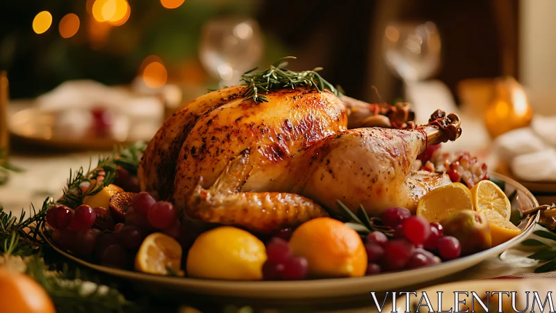 Roast turkey rests on festive platter with citrus and grapes