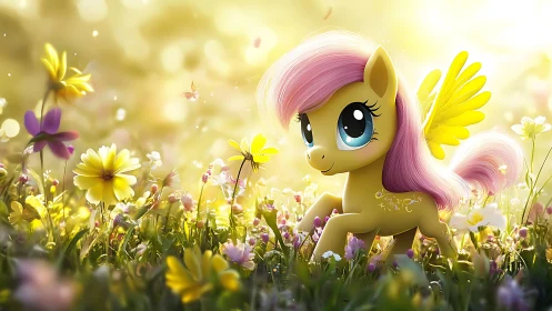 Yellow pegasus pony explores luminous spring meadow