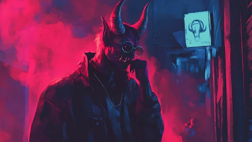 Demonic figure in neon alley with red smoke and shadows.