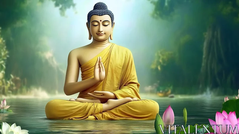 Serene Buddha sculpture in lotus pose over reflective water surface