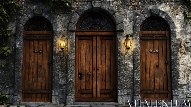 Triptych of arched wooden doors in aged stone wall with lamps