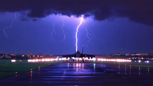 Night runway lightning strike framing military jet silhouette.