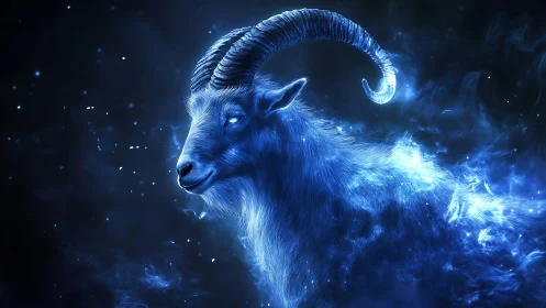 Mystical blue horned goat emerging in glowing cosmic light.