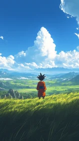 Anime landscape study with heroic figure and cumulus tower.