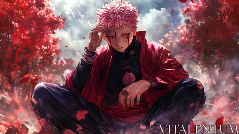 Red eyed anime warrior seated in autumn forest scene.