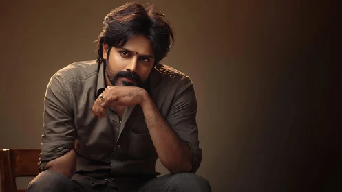 Quietly confident man rests in warm studio light and shadow