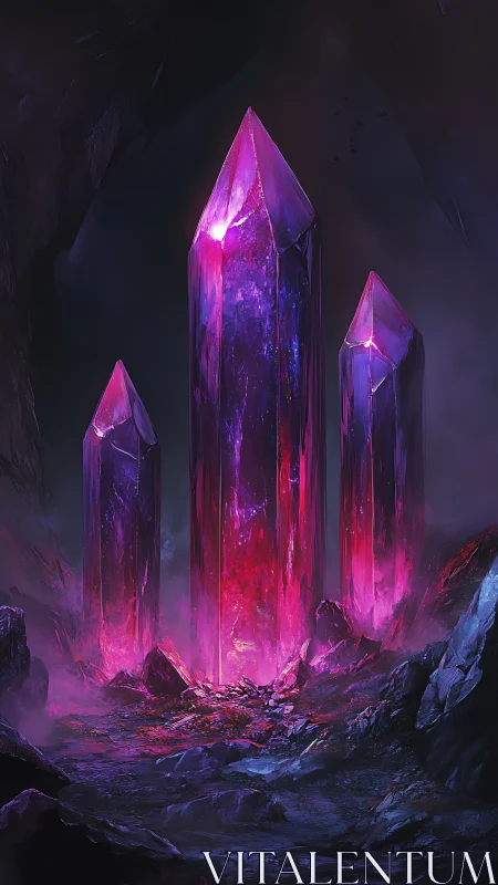 Three luminous magenta crystal monoliths rise in a cavern