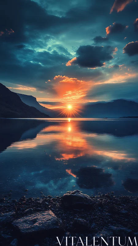 Sunset over calm mountain lake with mirrored reflection.