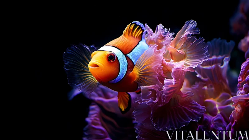 High-contrast clownfish render within luminescent coral forms
