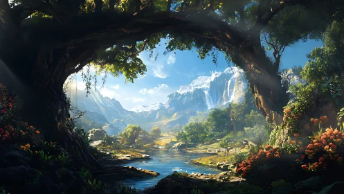 Lush fantasy valley framed by giant arched forest trees.