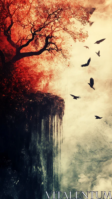 Tree silhouette overlooks vertical drop with birds in flight