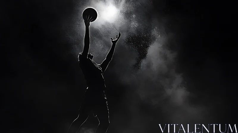 Silhouetted basketball player reaches toward spotlighted rim