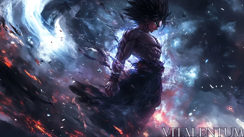 Dynamic anime warrior amid turbulent cosmic energy field.