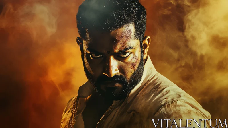 Male subject in close-up portrait amid dense orange smoke