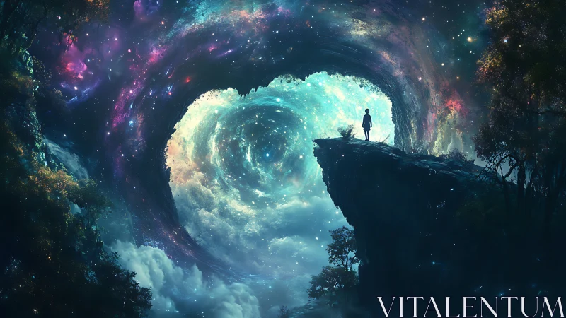 Stargazer child greeting a swirling cosmic heart gateway.