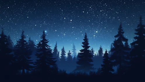 Starlit Forest: Silhouetted Pines Beneath Night Sky