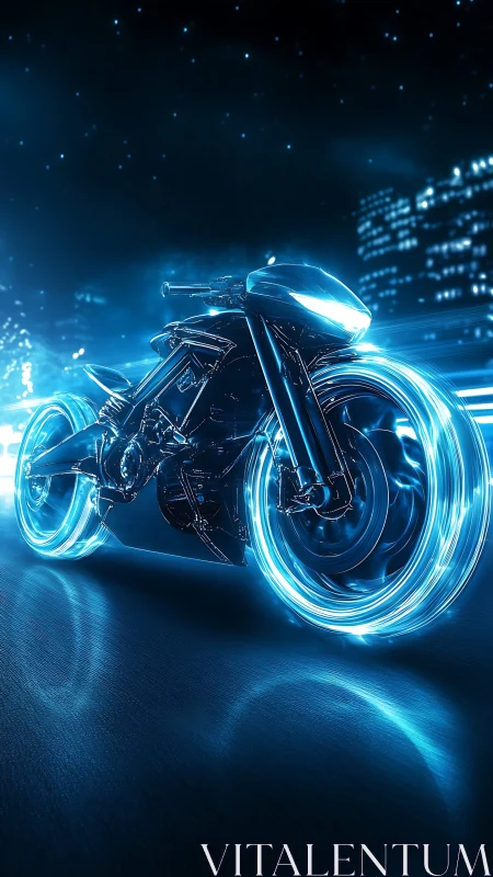 Neon lightcycle racing through futuristic city streets at night.