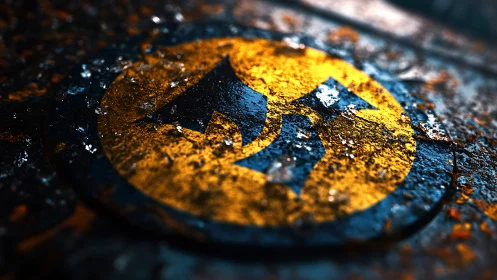 Weathered yellow emblem clings to slick metal under frost