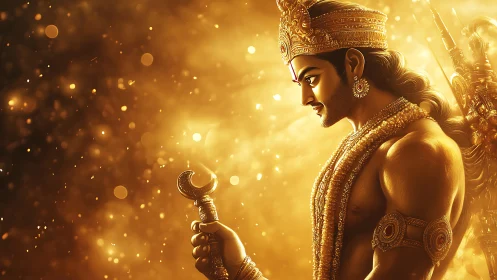 Golden mythic warrior profile in radiant digital painting.