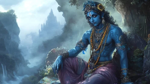 Blue-skinned deity rests amid misty mountains and lush cliffs