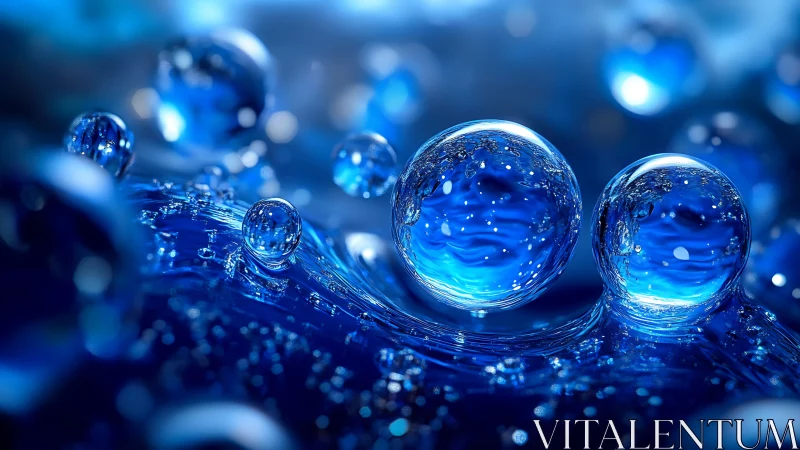 Shimmering blue droplets on liquid surface in macro view.