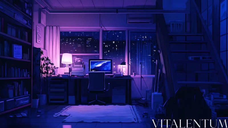 Cozy night workspace glows softly above the sleeping city