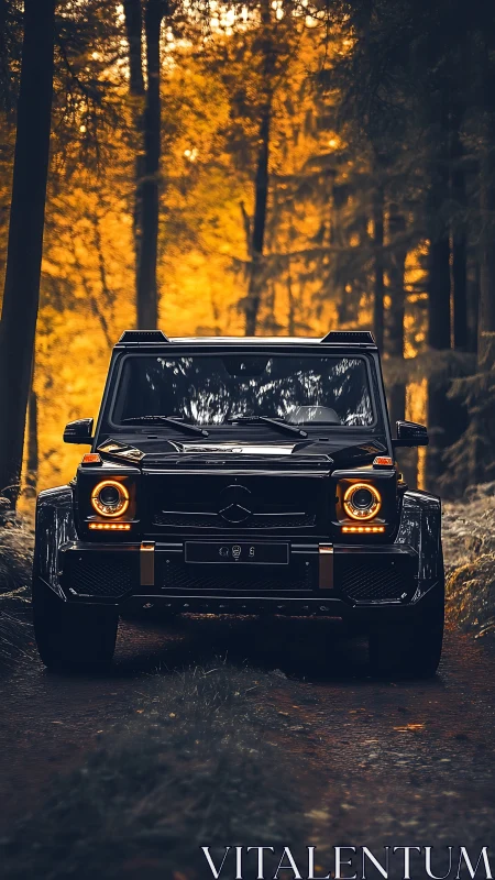 Black off-road SUV on forest track with autumn foliage.