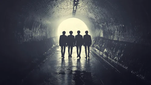 Silhouetted quartet strides toward a gleaming tunnel exit.