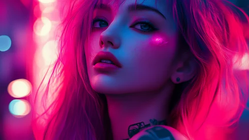 Neon-lit cyber muse in vivid magenta and cyan glow.