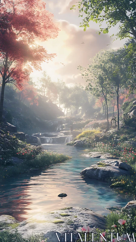 Serene forest river with waterfalls under soft sunrise light.
