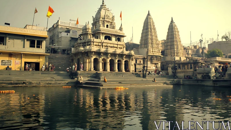 Sunlit riverside temple complex mirrored in calm waters.