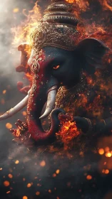 Mythic elephant deity rendered in high contrast volumetric flames