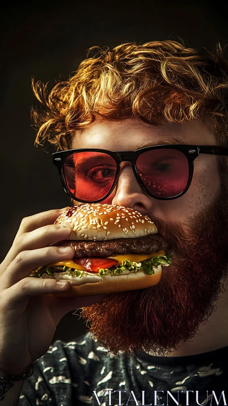 Cool bearded foodie savoring a juicy sesame burger delight.