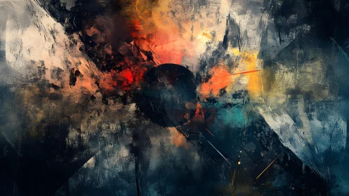 Abstract cosmic explosion with dark center in textured paint style.