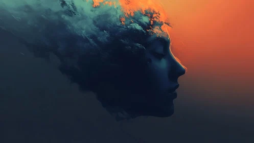 Surreal female profile dissolving into storm cloud nebula