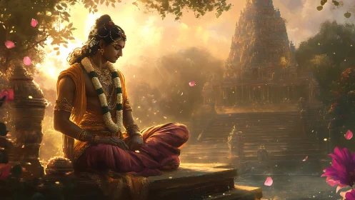 Serene garlanded figure meditating near sunlit temple steps.