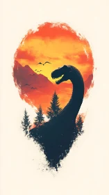 Dinosaur silhouette merges with fiery sunset forest circle.