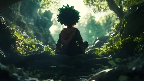 Forest dreamer rests in emerald light on mossy path.