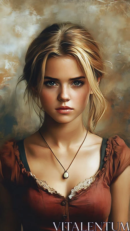 Intense portrait of young woman in rustic red blouse.