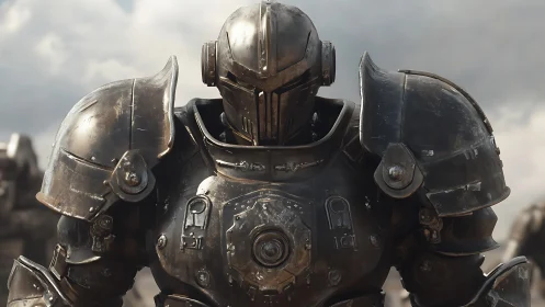 Heavily armored mech knight advances under diffuse battle sky