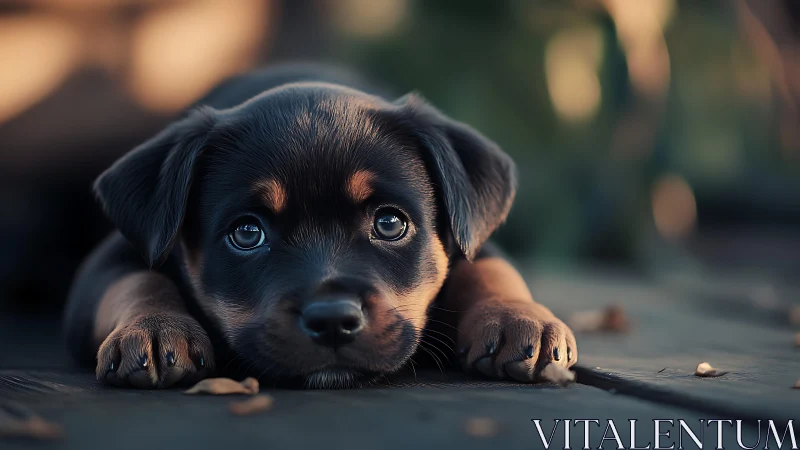 Puppy lies on wooden surface with shallow depth of field
